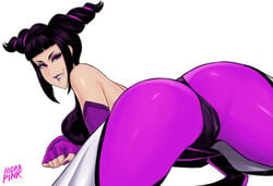 1girls anus artist_name ass back_view bangs belt big_ass biting_lip blunt_bangs breasts cameltoe capcom crotch_cutout dark_hair detached_sleeves drill_hair english_text eyelashes eyeshadow female female_only fingerless_gloves gloves hidrapink highres human juri_han large_breasts leggings lipstick looking_at_viewer looking_back nail_polish pink_eyes presenting_hindquarters purple_eyeshadow purple_hair purple_lipstick purple_nails sideboob sidelocks signature simple_background smile smirk solo street_fighter street_fighter_iv text thick_thighs torn_clothes twin_drills white_background