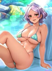 :d big_breasts bikini bra breasts collarbone crossed_legs dark-skinned_female dark_skin female green_eyes grey_hair gundam gundam_suisei_no_majo highres large_breasts leaning_back lens_flare looking_at_viewer navel only_female oyaman panties relaxing secelia_dote short_hair sitting smile solo solo_female swimsuit tan thick_thighs thighs water wavy_hair