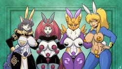 bandai_namco bucky_o'hare_(series) bunny_costume canid canine clothing costume crossover digimon digimon_(species) digital_media_(artwork) domestic_cat felid feline felis female fox gradient_background hi_res human jenny_(bucky_o'hare) krystal lineup mammal metroid nintendo pasties pubes renamon samus_aran simple_background star_fox stogiegoatarts