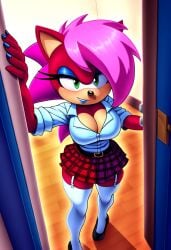 ai_generated ass background breasts cleavage doorframe doorway magenta_fur pink_hair school_uniform seductive sonia_the_hedgehog