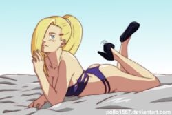 1girls ass bare_shoulders bed big_breasts blonde_hair blue_eyes blush bra breasts cleavage crossed_legs earrings feet_up female female_only hair_over_one_eye hairclip high_heels ino_yamanaka long_hair looking_at_viewer lying naruto naruto_(series) naruto_shippuden on_bed on_stomach panties pollo1567 ponytail smile solo strapless_bra thong tied_hair underwear