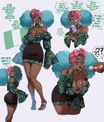 2024 2d 2d_(artwork) afro afro_puffs annoyed annoyed_expression annoyed_face bare_shoulders big_breasts big_butt black-skinned_female black_skin black_skirt collar dark-skinned_female earrings ebony female green_shirt happy_expression happy_female hatsune_miku heels necklace_between_breasts nigerian_miku nigerian_turban nyantcha pearl_necklace piercings pink_turban short_skirt skirt_lift smiling smiling_at_viewer solo solo_female solo_focus thiccwithaq thick_clothes thick_hips thight_clothing tongue tongue_out tongue_piercing turban twintails vocaloid white_heels