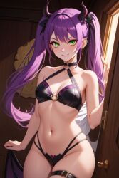 1girls ai_generated almighty_descent bikini black_bikini blush choker cleavage demon demon_girl demon_horns ear_piercing female female_only green_eyes hair_ribbon hololive hololive_japan long_hair looking_at_viewer panties purple_hair shiny_clothes small_breasts smiling_at_viewer swimsuit thigh_squish thigh_strap tokoyami_towa twintails virtual_youtuber