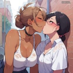 2girls age_difference ai_generated alley french_kiss gyaru kissing lesbian nerd outdoors pasart size_difference yuri