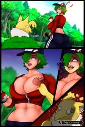 avis_(strangehero) big_ass big_breasts big_butt cap cleavage comic domination_loss green_hair horny huge_breasts hypno jojo_reference large_breasts leggings lipstick meme mind_control pokemon pokemon_(species) pokephilia red_shirt reverse_rape strangehero yellow_fur