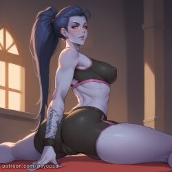 1girls ai_generated artist_name ass ass_focus back_view cameltoe clothed clothing colored curvy digital_media_(artwork) female female_focus female_only from_behind gym_clothes gym_shorts gym_uniform legs_apart long_hair looking_at_viewer looking_back overwatch ponytail psyopsai skin_tight solo solo_focus splits sports_bra sportswear watermark widowmaker yellow_eyes yoga