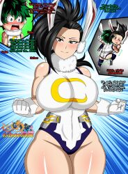 1boy 1girls big_breasts big_thighs black_eyes black_hair blush blush_lines breasts cosplay dialogue english_text female female_focus gloves green_eyes green_hair izuku_midoriya light_skin male momo_yaoyorozu my_hero_academia nude_female ponytail raidon_dimentional_land rumi_usagiyama_(cosplay) scar tagme_(artist) thick_thighs tied_hair tongue tongue_out usagiyama_rumi_(cosplay)