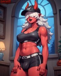 abs absurd_res absurdres ai_assisted ai_generated big_ass big_breasts black_lipstick bulge bulge_through_clothing cap demon demon_girl demon_horns desdemona_(fortnite) dickgirl erect_nipples fortnite fortnite:_battle_royale futanari goth goth_futa goth_girl gym_uniform hair_over_eyes high_resolution highres horn horns hourglass_figure long_hair low-angle_view messy messy_hair muscles muscular muscular_female muscular_futanari pointy_ears red_skin sports_bra thecoomjurer toned underwear white_hair wide_hips