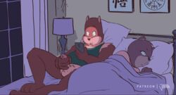 animated anthro balls bed bedroom breasts clothed clothing domestic_cat duo erection felid feline felis female furniture genitals juvira male male_only mammal masturbation penile penile_masturbation penis short_playtime solo ursid