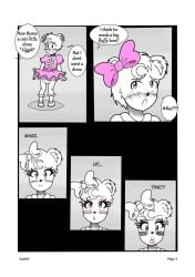 1boy 2013 absurd_res age_difference anthro black_and_white blush bow bow_in_hair comic comic_page crescent_moon crescent_moon_(marking) crossdressing deviantart deviantart_link deviantart_url dialogue diaper diaper_under_clothing digital_art digital_drawing_(artwork) digital_media digital_media_(artwork) dress eyelashes eyeshadow female femboy forced_crossdressing furry girly hair_accessory hi_res kobi-tfs kobi94 lipstick makeup male nintendo no_color page_3 pink_bow pink_dress pokemon pokemon_(species) sissification sissyfication skirt socks speech_bubble text