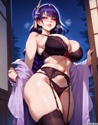 ai_generated balecxi black_bra black_panties blush from_below garter_belt garter_straps genshin_impact hair_ornament heavy_breathing huge_breasts large_breasts lingerie looking_at_viewer naughty_face purple_eyes purple_hair purple_nails raiden_shogun sweat undressing