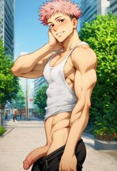 abs ai_generated biceps big_penis gay hand_on_head itadori_yuuji jujutsu_kaisen looking_at_viewer male male_only muscular muscular_male nipples pecs penis pink_hair toned_body toned_male twall97