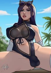 beach bulge caitlyn_kiramman futa futa_only futanari league_of_legends pool_party_caitlyn pool_party_series swimsuit tagme xinaelle