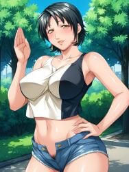 1girls ai_generated bare_breasts bare_shoulders bible_black big_breasts black_hair blush breast_focus breasts busty denim denim_shorts enigmata exhibitionism exhibitionist facing_viewer female female_only female_pubic_hair front_view large_breasts makeup mature mature_female milf minase_yukiko no_bra no_bra_under_clothes no_panties no_panties_under_shorts open_clothes open_fly open_shorts oppai outdoors pubic_hair public_indecency revealing_clothes salute shameless shirt shirt_lift short_shorts shorts skimpy skimpy_clothes skirt skirt_lift smile solo solo_focus standing tank_top town two_tone_shirt unbuttoned unbuttoned_shorts vegetation voluptuous waving waving_at_viewer yellow_eyes