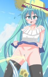 hatsune_miku panties_around_leg panties_aside peeing peeing_outside pussy shimapan striped_panties sunhat toro_r18 urinating urinating_female urination urine urine_stream vocaloid