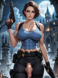 1futa abs ai_generated athletic_futanari balls big_balls big_breasts blue_eyes breasts curvy cutanari dickgirl erect_penis erection fit_futanari flaccid futa_only futa_sans_pussy futanari gun holding_gun holding_weapon huge_cock jill_valentine light-skinned_futanari looking_at_viewer nipples nsfw nude penis perfect_body ready_to_fuck resident_evil small_waist smile solo tan_skin testicles weapon white_futanari