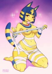 alternate_body_type alternate_breast_size animal_crossing ankha anthro domestic_cat felid feline felis female hair hi_res mammal michikochan nintendo nude pinup pose solo video_games yellow_body