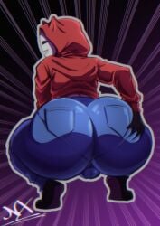 1boy 1male ass ass_bigger_than_head ass_focus big_ass broly_culo dumptruck_ass dumptruck_butt femboy from_behind hood hoodie huge_ass jeans mask masked nexxa nexxart red_hoodie shoes solo squatting testicle_bulge testicles thick_thighs z-art z-art_(oc)