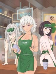 3girls apron artist_request ass breasts brown_hair cafe closed_eyes coffee dark-skinned_female dark_skin frima_(nikke) functionally_nude functionally_nude_male goddess_of_victory:_nikke gray_hair hat huge_ass huge_breasts light-skinned_female light_skin long_hair milk_(nikke) naked_apron no_bra no_panties red_eyes short_hair sugar_(nikke) wardrobe_malfunction white_hair yellow_eyes