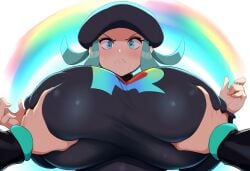 1boy ai_generated angry blush breast_grab embarrassed grabbing green_hair groping hands_on_hips huge_breasts mullon novelai pokemon pokemon_sm pov team_rainbow_rocket team_rainbow_rocket_grunt_(female) top_heavy