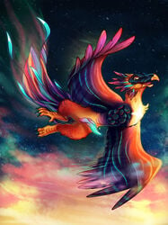 avian background_sky beak creature_feature_toys european_mythology feathers feral flying genitals glowing glowing_genitalia glowing_penis greek_mythology hi_res looking_back male male_only monsterfuzz mythological_avian mythological_firebird mythology nebula open_mouth penis phaethon_(creaturefeaturetoys) phoenix solo space spread_wings star wings