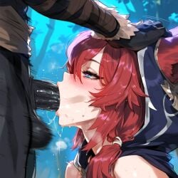 ai_generated animal_ears blowjob blowjob_face blue_eyes crossover face_fucking fellatio forest heart_eyes hilichurls_(species) hood hood_up league_of_legends male monster monster_cock outdoor_sex outdoors penis pulling_hair red_hair riot_games saliva saliva_string xayah