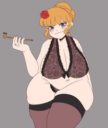 1girls :3 angelicobituary beatrice_(umineko) black_bra black_thighhighs blue_eyes bra braid chubby closed_mouth fat female female_only flower frilled_bra frills grey_background hair_flower holding holding_smoking_pipe huge_breasts looking_at_viewer navel orange_hair plump red_flower simple_background skindentation smoking_pipe smug solo solo_female thick_thighs thighhighs thighs umineko_no_naku_koro_ni
