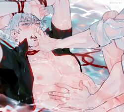 abs arms_up blush bound finger_in_another's_mouth gay gintama gintoki_sakata hijikata_toshiro looking_at_another male male_only nipples onlyraii open_mouth open_shirt pale-skinned_male pale_skin pecs red_eyes rope rope_bondage sleeves_rolled_up solo_focus toned toned_male white_hair yaoi