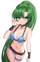 1girls absurdres alternate_costume artist_name belt bikini black_wristband blue_bikini blue_swimsuit breasts brown_belt brown_choker choker cleavage collarbone female female_only fire_emblem fire_emblem:_the_blazing_blade garter_belt green_eyes green_hair high_ponytail highres long_hair looking_at_viewer lyn_(fire_emblem) medium_breasts navel nintendo revealing_clothes simple_background smile solo standing swimsuit underboob very_long_hair white_background x_xith_x