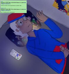 1boy among_us among_us_reference bad_art biting_lip blush clothed erection glasses guidestuck homestuck jerkingoff laying_down laying_on_bed male_focus male_only masturbating masturbation mspfa parappa_the_rapper phone_call pillow sfw_version_available solo_male squarewave_(guidestuck) white_hair