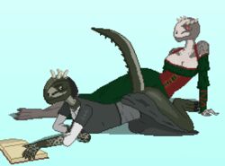 2girls anthro argonian cleavage dress female female_only horn invisiblebucket multiple_girls no_humans non-mammal_breasts pixel_art scales shahvee skyrim tail the_elder_scrolls