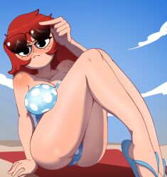 1girls arm_up beach beach_towel black_eyes blue_swimsuit female flip_flops freckles freckles_on_face freckles_on_shoulders holding_object kim_pine nipple_bulge red_hair sandals scott_pilgrim short_hair solo solo_female sunglasses sunglasses_on_head swimsuit tobitobi90 towel