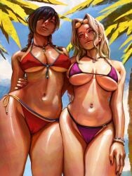 2girls armband azuma_yasuo bikini blonde_hair braids brown_hair cameltoe female hard_nipples kuouzumiaiginsusutakeizumonokamimeichoujin_mika large_breasts long_hair nail_polish navel_piercing necklace nipples painted_nails resort_boin shinjou_kanae short_hair smile spread_legs sunglasses sunglasses_on_head swimsuit tanline twin_braids twintails