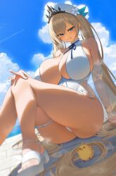 1animal 1girls anima_(togashi) azur_lane beach big_breasts blonde_hair boob_window breasts female female_only huge_breasts iris_libre_(azur_lane) licking_lips light-skinned_female light_skin manjuu_(azur_lane) painlevé_(azur_lane) painlevé_(fresh_and_fortunate)_(azur_lane) seductive_look seductive_smile solo swimsuit