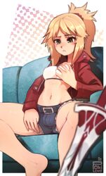 1futa breast_grab breasts bulge clothed clothing commission couch dickgirl fate/apocrypha fate/grand_order fate_(series) futa_only futanari groping human jacket mordred_(fate) navel open_jacket pale_skin partially_clothed pokilewd simple_background sitting small_penis solo solo_futa spread_legs