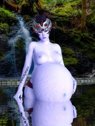 1girls 3d belly big_belly blue_skin breasts female mongoo1 nipples overwatch overwatch_2 ready_to_pop solo stretch_marks tattoo topless water widowmaker