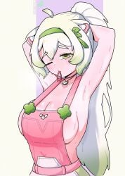 50rbital armpits arms_behind_head arms_up cleavage ferret_girl green_highlights hair_tie hair_tie_in_mouth laimu large_breasts long_hair looking_at_viewer one_eye_closed pink_overalls ponytail sideboob sweat sweatdrop sweating tied_hair white_hair