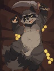 2020 anthro balls belly black_body black_fur flaccid fur genitals male male_only mammal nipples paws penis procyonid raccoon shockstk slightly_chubby solo weapon