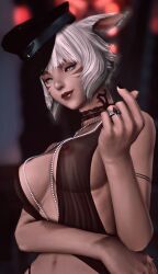 1girl breasts final_fantasy final_fantasy_xiv gpose(ffxiv) lilyrhul miqo'te nipples see-through_clothing smile white_hair y'shtola y'shtola_rhul