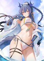 1girls 2020s 2024 arknights beach belly big_breasts bikini blue_hair braid breasts dragon_girl dragon_horns dragon_tail earrings hair_ornament hi_res horns light-skinned_female light_skin ling_(arknights) long_hair looking_at_viewer midriff navel nipples_visible_through_clothing outdoors outside pointy_ears ru_zhai solo standing swimsuit swimwear tail tattoo tattoos