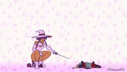 animated breasts dark-skinned_female dark_skin giantess pink_clothing purple_hair short_hair shrinking shrunken_male size_difference spell thick_thighs wand white_skin witch witch_hat