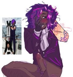 2d_(artwork) 8:11_(visual_novel) accardi_florentino blush covering_face dark-skinned_male digital_drawing_(artwork) gloves only_male purple_hair qalt solo solo_male