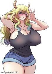 1girls big_breasts black_tank_top blonde_hair blue_shorts blush bottomwear breasts cleavage clothing fellatio_gesture female female_only gesture green_eyes hair hand_behind_head happykon heterochromia high_resolution highres hips horns huge_breasts large_breasts long_hair mature mature_female mature_woman miss_kobayashi&#039;s_dragon_maid more_at_source quetzalcoatl_(dragon_maid) shorts solo solo_female tank_top thighs topwear two_tone_hair wide_hips yellow_eyes