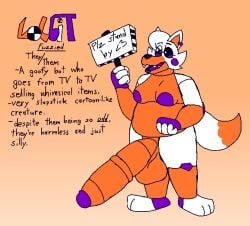 animatronic anthro balls belly big_balls big_penis canid canine ear_piercing felineflustered five_nights_at_freddy's five_nights_at_freddy's_world fox genitals gynomorph huge_balls huge_cock hyper hyper_genitalia hyper_penis intersex lipstick lolbit_(fnaf) machine makeup mammal model_sheet nipples nude penis piercing robot scottgames sign solo tail text