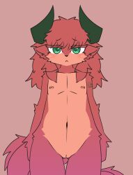 anthro behemoth_(disambiguation) brown_body daphnet_(kiukiu) female flat_chested fur genitals green_eyes hi_res horn kiukiu nipples pussy red_body red_fur simple_background solo