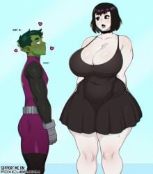 1girls beast_boy cleavage female foxicube gigantic_breasts heart-shaped_pupils huge_breasts raven_(dc) slightly_chubby standing teen_titans text voluptuous wide_hips