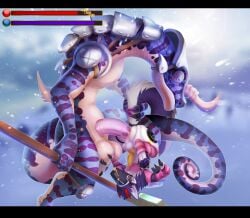 absurd_res anthro balls big_balls carrying_another chaos_(character) clothed clothing feral gameplay_mechanics genitals hi_res lizalfos machine male male/male miraoff outside partially_clothed protogen sex size_difference snow standing standing_sex tail tail_grab upside-down winter