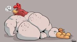 anal_request anthro ass avian avian_caruncle balls bedroom_eyes big_butt bird bodily_fluids butt_squish chicken dirty_talk english_text facial_hair feathers foghorn_leghorn galliform gallus_(genus) genitals hi_res huge_butt inviting looking_at_viewer looking_back looking_back_at_viewer looney_tunes lying male narrowed_eyes overweight overweight_male phasianid pinup pose presenting presenting_hindquarters rear_view seductive simple_background solo squish sweat sweaty_butt text uniparasite warner_brothers white_body white_feathers