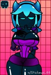 blue_hair blue_skin breasts cube_11_(geometry_dash) easy_(geometry_dash) geometry_dash pink_background purple_shirt rule_63 stickdash44 stickdash_(stickdash44) stickman44 thighs