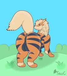 absurd_res anus arcanine ass backsack balls big_butt brown_eyes canid canine feral generation_1_pokemon genitals grass_field hi_res knot looking_back male mammal nintendo onesaucydragon penis perineum pokemon pokemon_(species) presenting presenting_hindquarters puffy_anus raised_tail rear_view sky solo tail